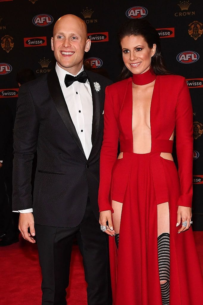 MELBOURNE, AUSTRALIA - SEPTEMBER 26: Gary Ablett of the Suns (L) and wife Jordan Ablett arrive ahead of the 2016 Brownlow Medal at Crown Entertainment Complex on September 26, 2016 in Melbourne, Australia. (Photo by Quinn Rooney/Getty Images)
