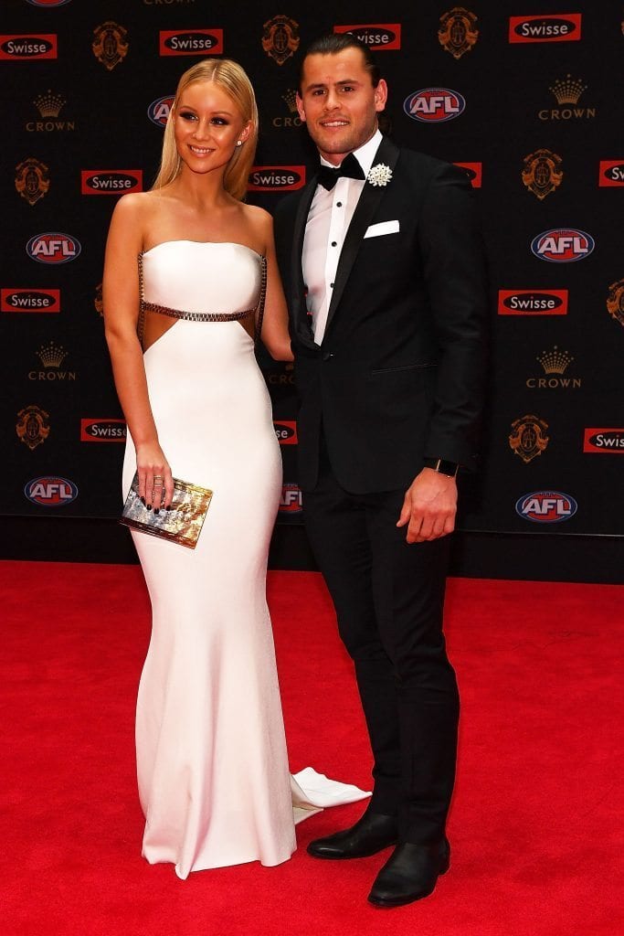 MELBOURNE, AUSTRALIA - SEPTEMBER 26: Maverick Weller of Saint Kilda (R) and Sammie Russell arrive ahead of the 2016 Brownlow Medal at Crown Entertainment Complex on September 26, 2016 in Melbourne, Australia. (Photo by Quinn Rooney/Getty Images)