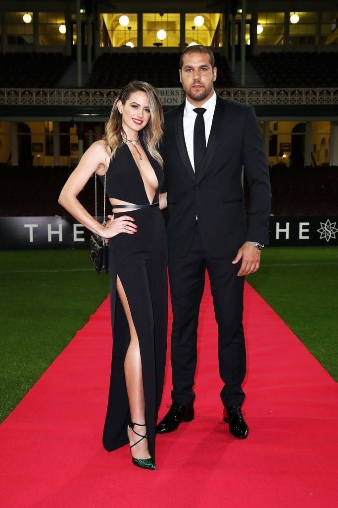SYDNEY, AUSTRALIA - SEPTEMBER 26: Jesinta Campbell and Lance Franklin arrive at the Sydney Swans function at Sydney Cricket Ground ahead of the 2016 AFL Brownlow Medal ceremony on September 26, 2016 in Sydney, Australia. (Photo by Brendon Thorne/Getty Images)