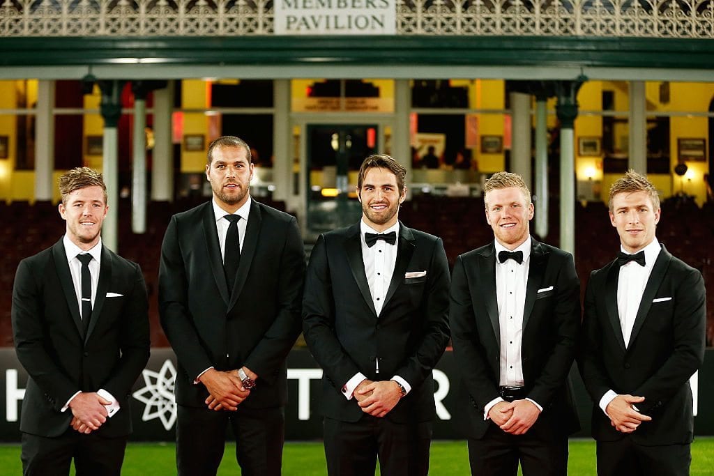 SYDNEY, AUSTRALIA - SEPTEMBER 26: (L-R) Luke Parker, Lance Franklin, Josh Kennedy, Dan Hannebery and Kieren Jack of the Swans arrive at the Sydney Swans function at Sydney Cricket Ground ahead of the 2016 AFL Brownlow Medal ceremony on September 26, 2016 in Sydney, Australia. (Photo by Brendon Thorne/Getty Images)