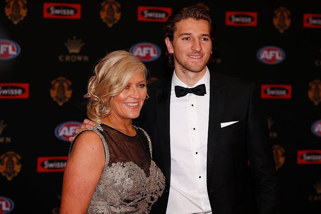 MELBOURNE, AUSTRALIA - SEPTEMBER 26: Marcus Bontompelli (R) of Western Bulldogs and Geraldine Bontompelli arrive ahead of the 2016 Brownlow Medal at Crown Entertainment Complex on September 26, 2016 in Melbourne, Australia. (Photo by Daniel Pockett/Getty Images)