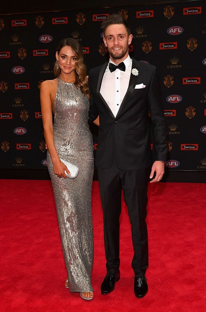 MELBOURNE, AUSTRALIA - SEPTEMBER 26: Jack Gunston of the Hawks and his partner Dani Shreeve arrives ahead of the 2016 Brownlow Medal at Crown Entertainment Complex on September 26, 2016 in Melbourne, Australia. (Photo by Quinn Rooney/Getty Images)