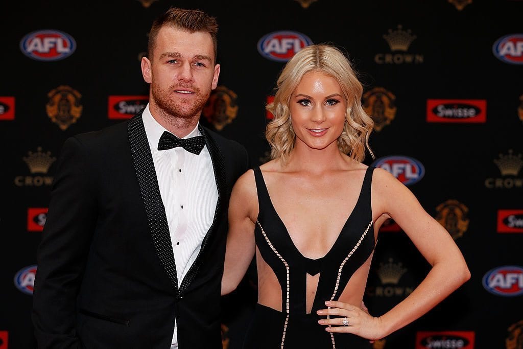 MELBOURNE, AUSTRALIA - SEPTEMBER 26: Robbie Gray (L) of Port Adelaide and Annabel Whiting arrives ahead of the 2016 Brownlow Medal at Crown Entertainment Complex on September 26, 2016 in Melbourne, Australia. (Photo by Daniel Pockett/Getty Images)