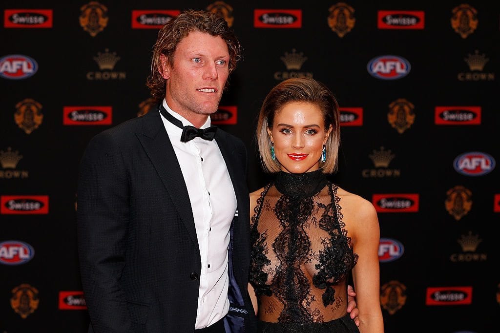 MELBOURNE, AUSTRALIA - SEPTEMBER 26: Brad Ebert (L) of Port Adelaide and his wife Rebecca Ebert arrive ahead of the 2016 Brownlow Medal at Crown Entertainment Complex on September 26, 2016 in Melbourne, Australia. (Photo by Daniel Pockett/Getty Images)