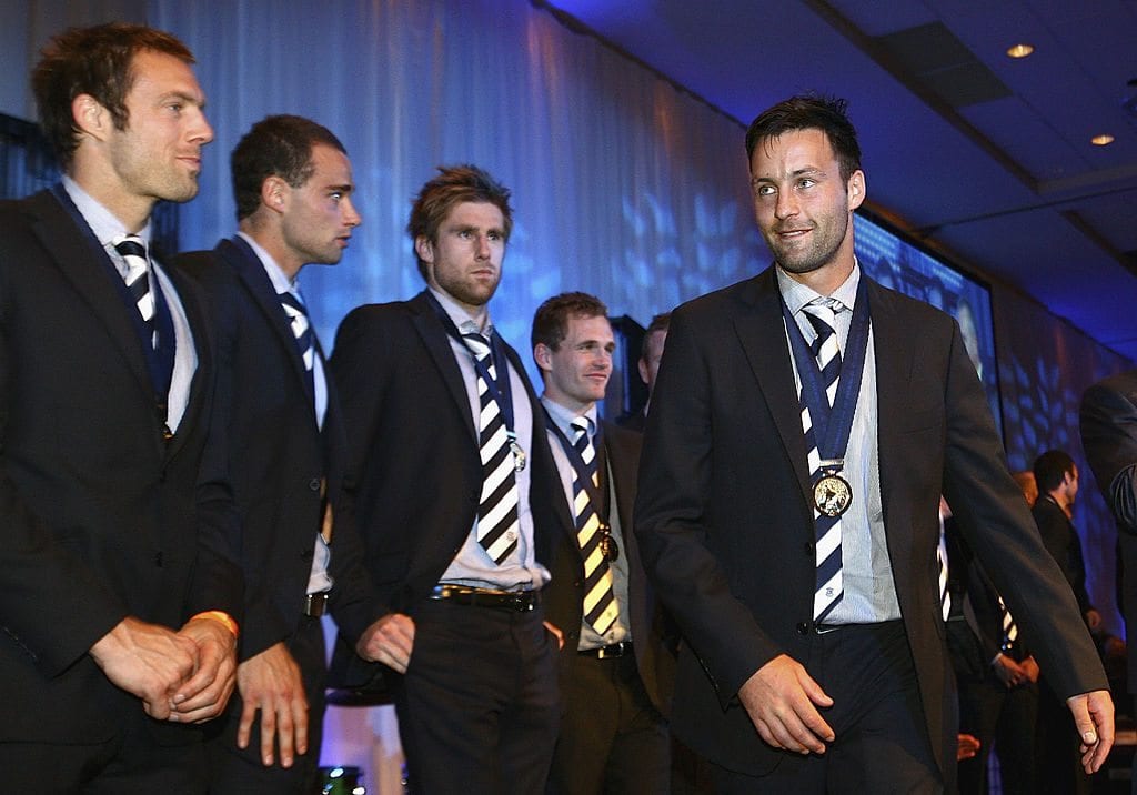 MELBOURNE, AUSTRALIA - OCTOBER 01:  Jimmy Bartel walks on stage during Geelong Cats AFL Grand Final celebrations at Melbourne Park on October 1, 2011 in Melbourne, Australia.  (Photo by Robert Prezioso/Getty Images)
