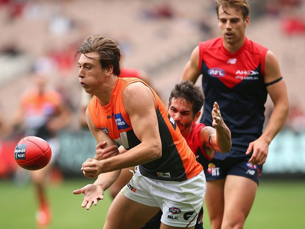 during the round one AFL match between the Melbourne Demons and the Greater Western Sydney Giants at Melbourne Cricket Ground on March 26, 2016 in Melbourne, Australia.
