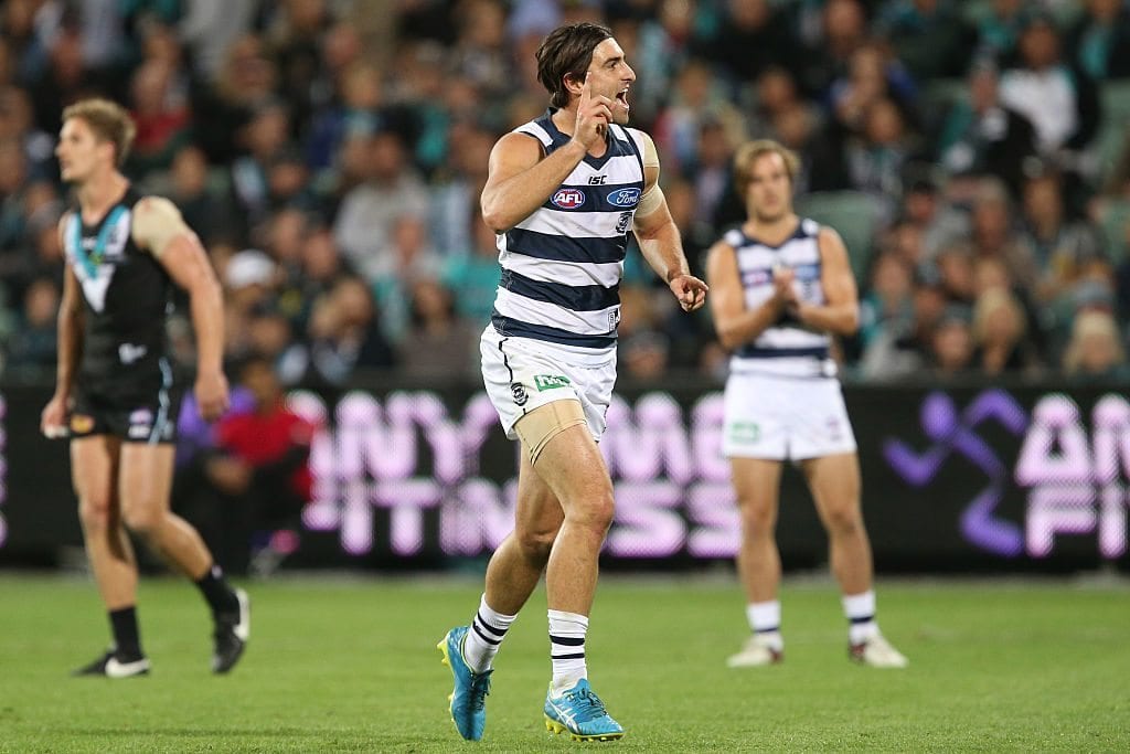 ADELAIDE, AUSTRALIA - APRIL 23: Shane Kersten of the Cats celebrates a goal during the 2016 AFL Round 05 match between Port Adelaide Power and the Geelong Cats at the Adelaide Oval, Adelaide on April 23, 2016. (Photo by James Elsby/AFL Media/Getty Images)