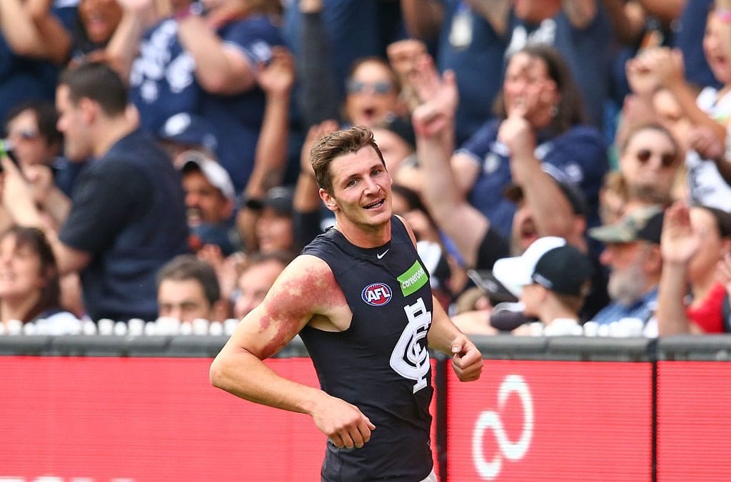 Andrejs Everitt of the Blues celebrates after kicking a goal during the round seven AFL match between the Collingwood Magpies and the Carlton Blues at Melbourne Cricket Ground on May 7, 2016 in Melbourne, Australia. (Photo by Scott Barbour/Getty Images)