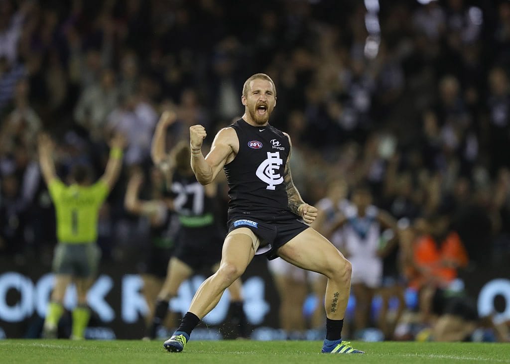 MELBOURNE, AUSTRALIA - MAY 15: Zach Tuohy of the Blues celebrates on the siren after the Blues defeated the Power during the round eight AFL match between the Carlton Blues and Port Adelaide Power at Etihad Stadium on May 15, 2016 in Melbourne, Australia. (Photo by Robert Cianflone/Getty Images)