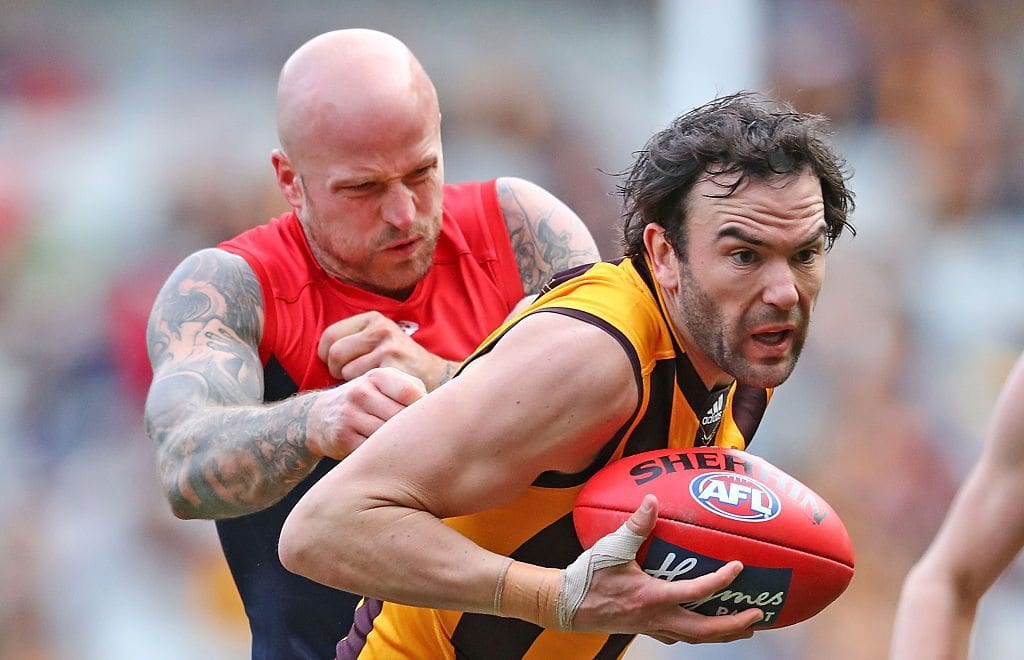 during the round 20 AFL match between the Melbourne Demons and the Hawthorn Hawks at Melbourne Cricket Ground on August 6, 2016 in Melbourne, Australia.