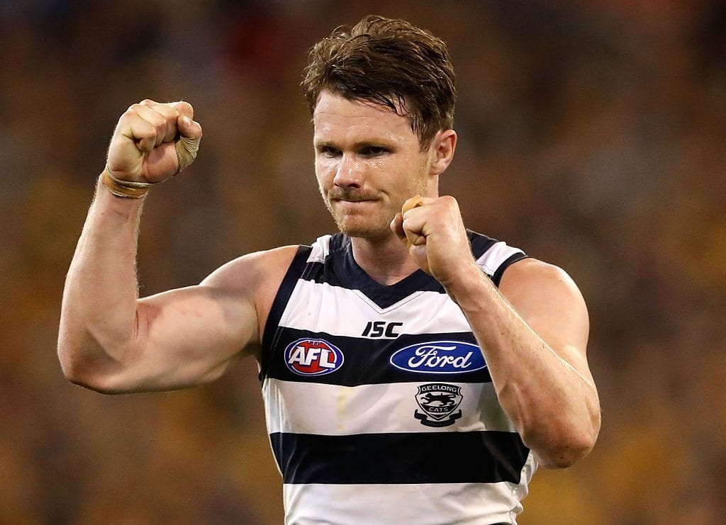 MELBOURNE, AUSTRALIA - SEPTEMBER 09: Patrick Dangerfield of the Cats celebrates during the 2016 AFL Second Qualifying Final match between the Geelong Cats and the Hawthorn Hawks at the Melbourne Cricket Ground on September 09, 2016 in Melbourne, Australia. (Photo by Adam Trafford/AFL Media/Getty Images)