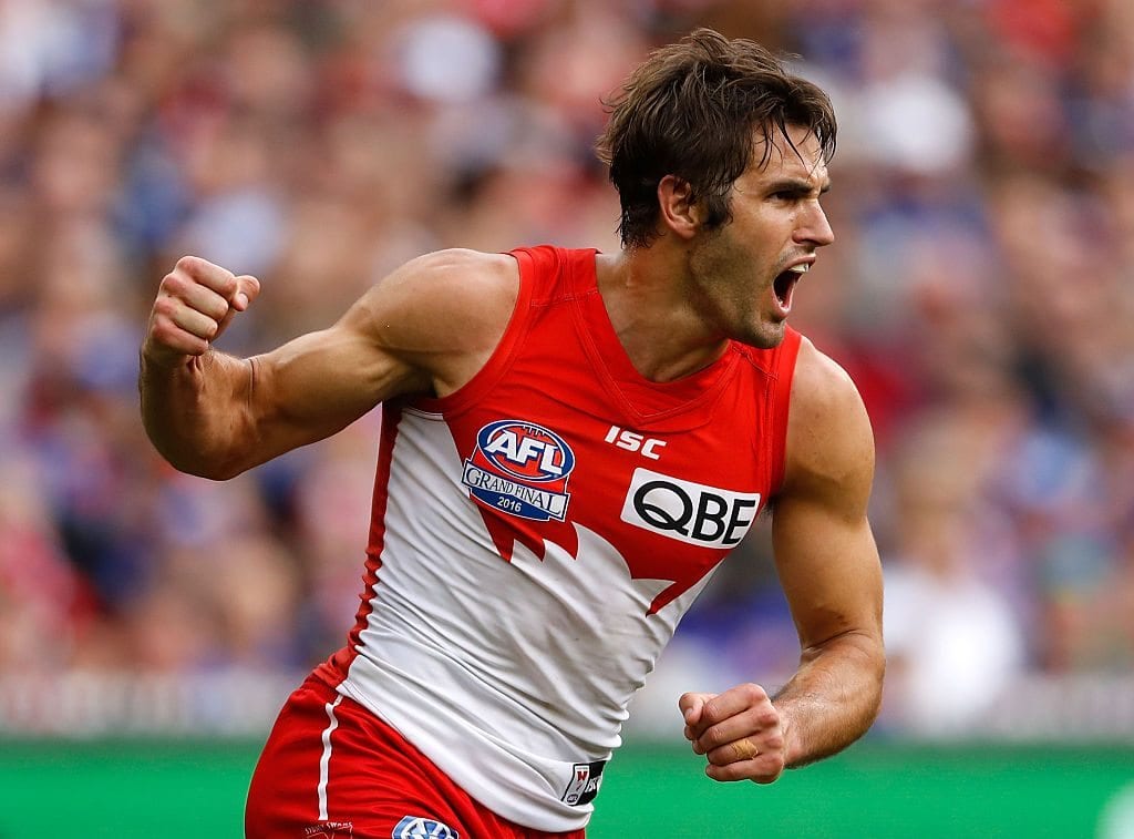 MELBOURNE, AUSTRALIA - OCTOBER 01: Josh Kennedy of the Swans celebrates a goal during the 2016 Toyota AFL Grand Final match between the Sydney Swans and the Western Bulldogs at the Melbourne Cricket Ground on October 01, 2016 in Melbourne, Australia. (Photo by Adam Trafford/AFL Media/Getty Images)