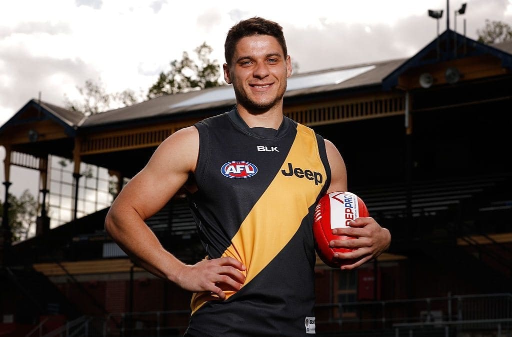 MELBOURNE, AUSTRALIA - OCTOBER 19: New Tigers recruit Dion Prestia poses for a photograph during a Richmond Tigers press conference at Punt Road Oval on October 19, 2016 in Melbourne, Australia. (Photo by Michael Willson/AFL Media)