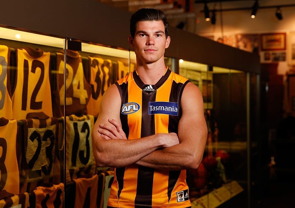 MELBOURNE, AUSTRALIA - OCTOBER 20: New Hawks recruit Jaeger O'Meara poses for a photograph during a Hawthorn Hawks AFL media opportunity at Waverley Park on October 20, 2016 in Melbourne, Australia. (Photo by Michael Willson/AFL Media/Getty Images)