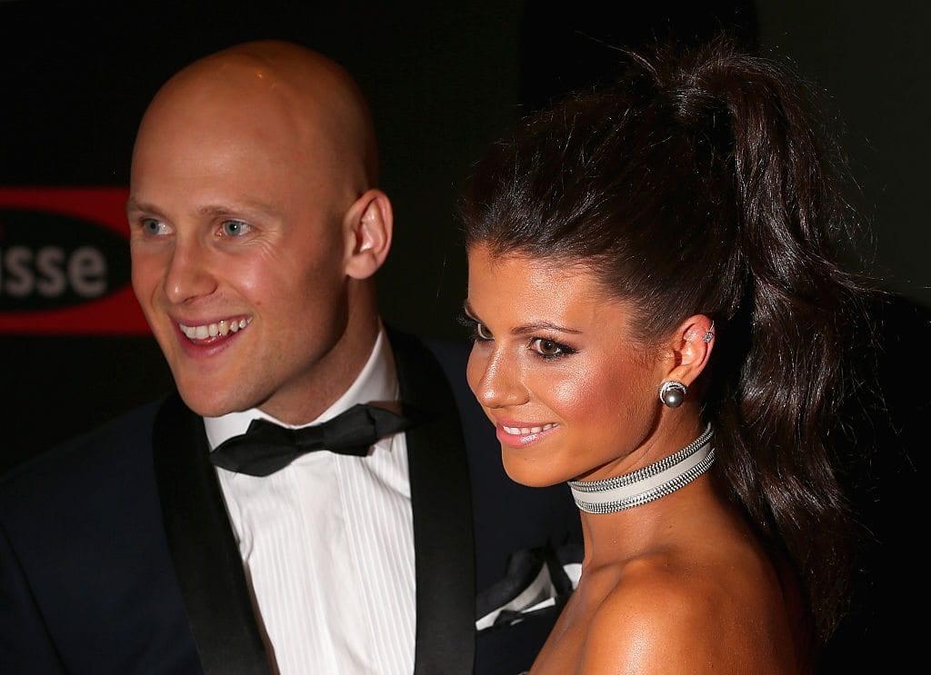 MELBOURNE, AUSTRALIA - SEPTEMBER 22: Gary Ablett of the Gold Coast Suns and his partner Jordan Papalia attend the 2014 Brownlow Medal at Crown Palladium on September 22, 2014 in Melbourne, Australia. (Photo by Quinn Rooney/Getty Images)
