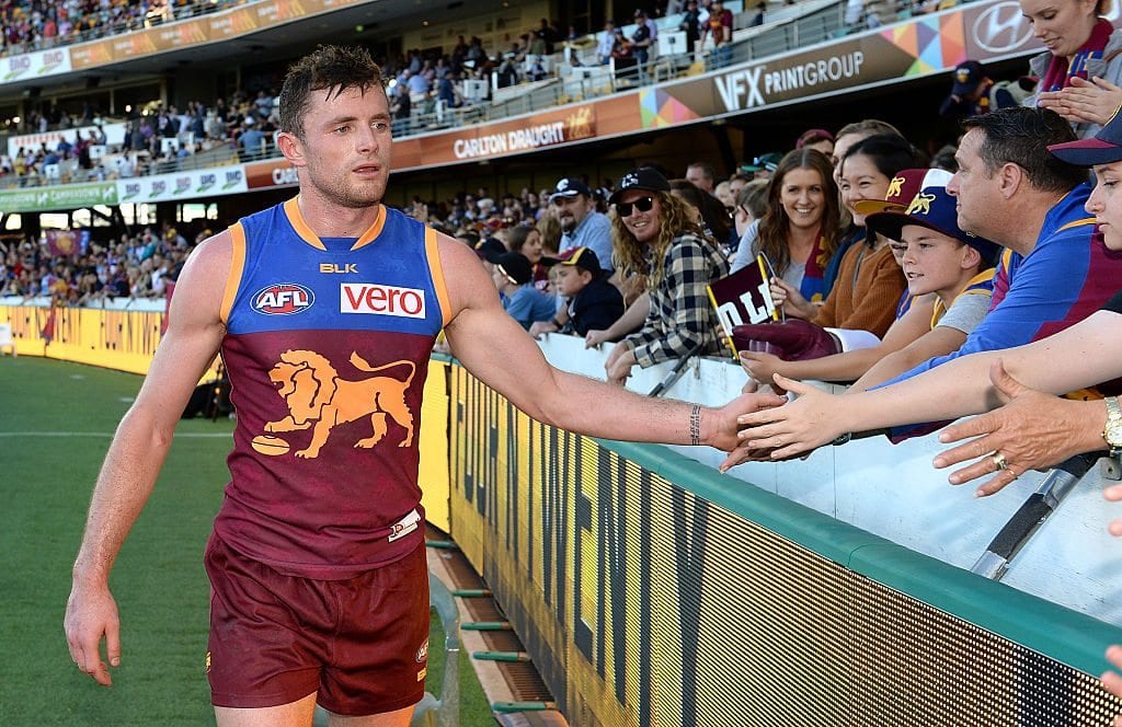 during the round 21 AFL match between the Brisbane Lions and the Carlton Blues at The Gabba on August 13, 2016 in Brisbane, Australia.