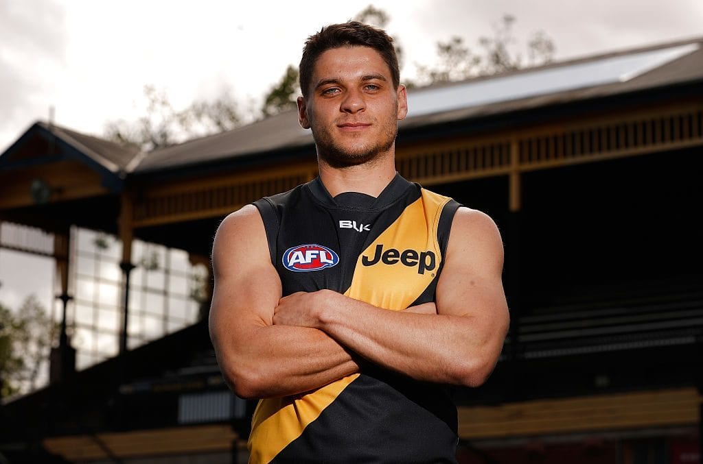 MELBOURNE, AUSTRALIA - OCTOBER 19: New Tigers recruit Dion Prestia poses for a photograph during a Richmond Tigers press conference at Punt Road Oval on October 19, 2016 in Melbourne, Australia. (Photo by Michael Willson/AFL Media)