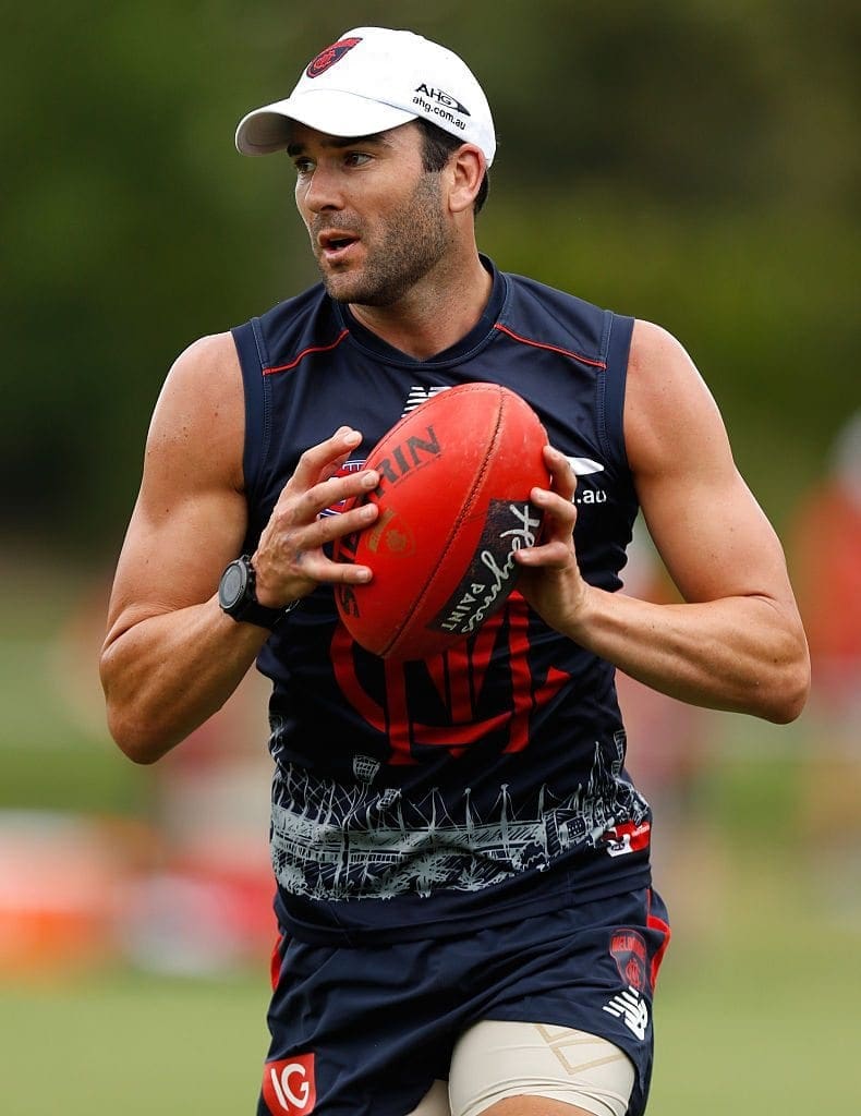 MELBOURNE, AUSTRALIA - NOVEMBER 21: Jordan Lewis in action during a Melbourne Demons AFL pre-season training session at Gosch's Paddock on November 21, 2016 in Melbourne, Australia. (Photo by Michael Willson/AFL Media/Getty Images)