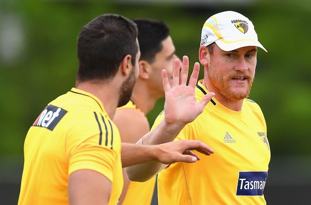 MELBOURNE, AUSTRALIA - DECEMBER 05:  Jarryd Roughead of the Hawks high fives team mates during a Hawthorn Hawks AFL pre-season training session at Waverley Park on December 5, 2016 in Melbourne, Australia.  (Photo by Quinn Rooney/Getty Images)