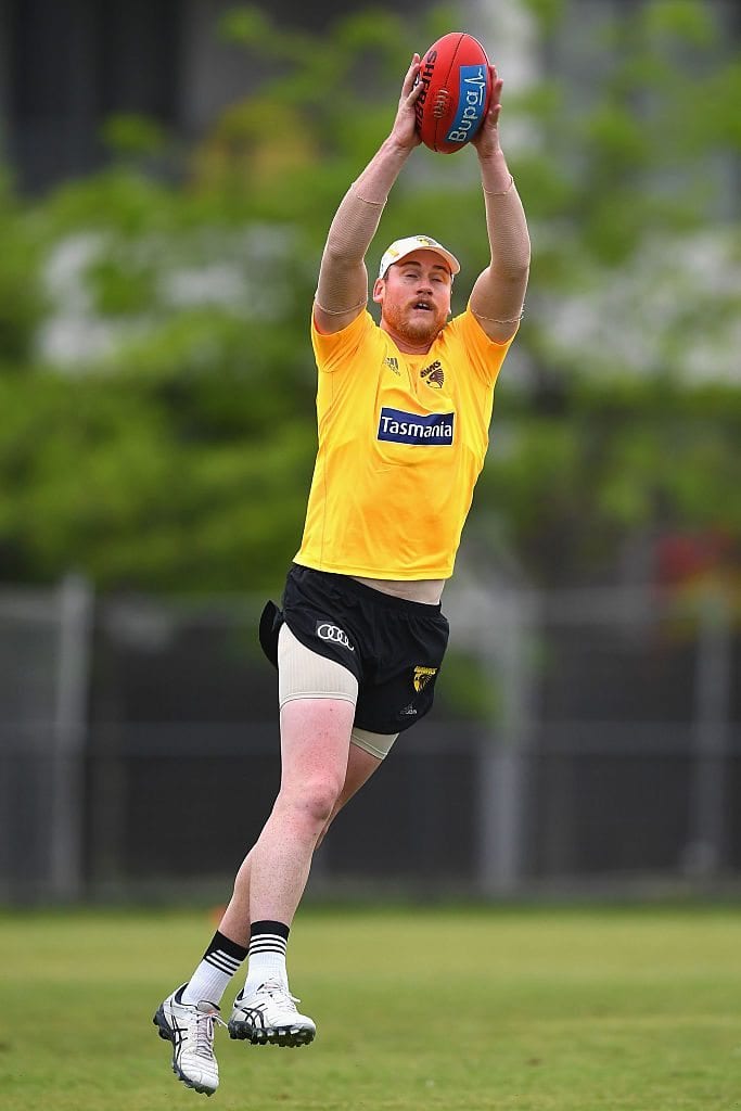 MELBOURNE, AUSTRALIA - DECEMBER 05:  Jarryd Roughead of the Hawks marks during a Hawthorn Hawks AFL pre-season training session at Waverley Park on December 5, 2016 in Melbourne, Australia.  (Photo by Quinn Rooney/Getty Images)