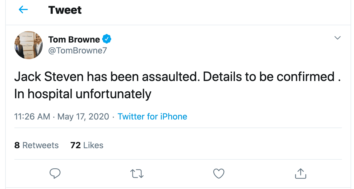 Tom Browne tweeting about the Jack Steven incident.