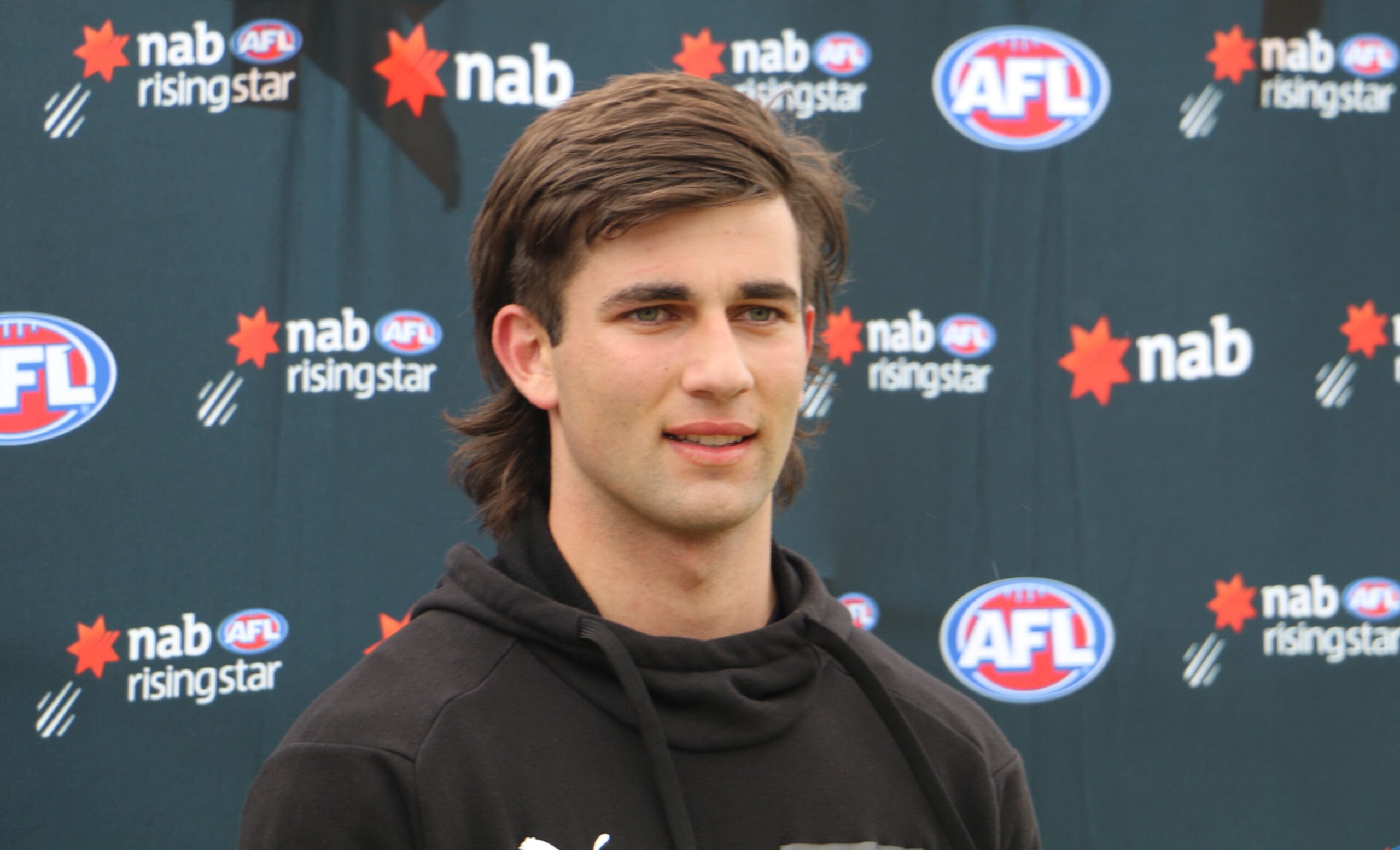 Vic Country player Josh Rachele fronting the media at Trevor Barker Oval, 2021 (Photo: Mitchell Keating - Zero Digital Media)