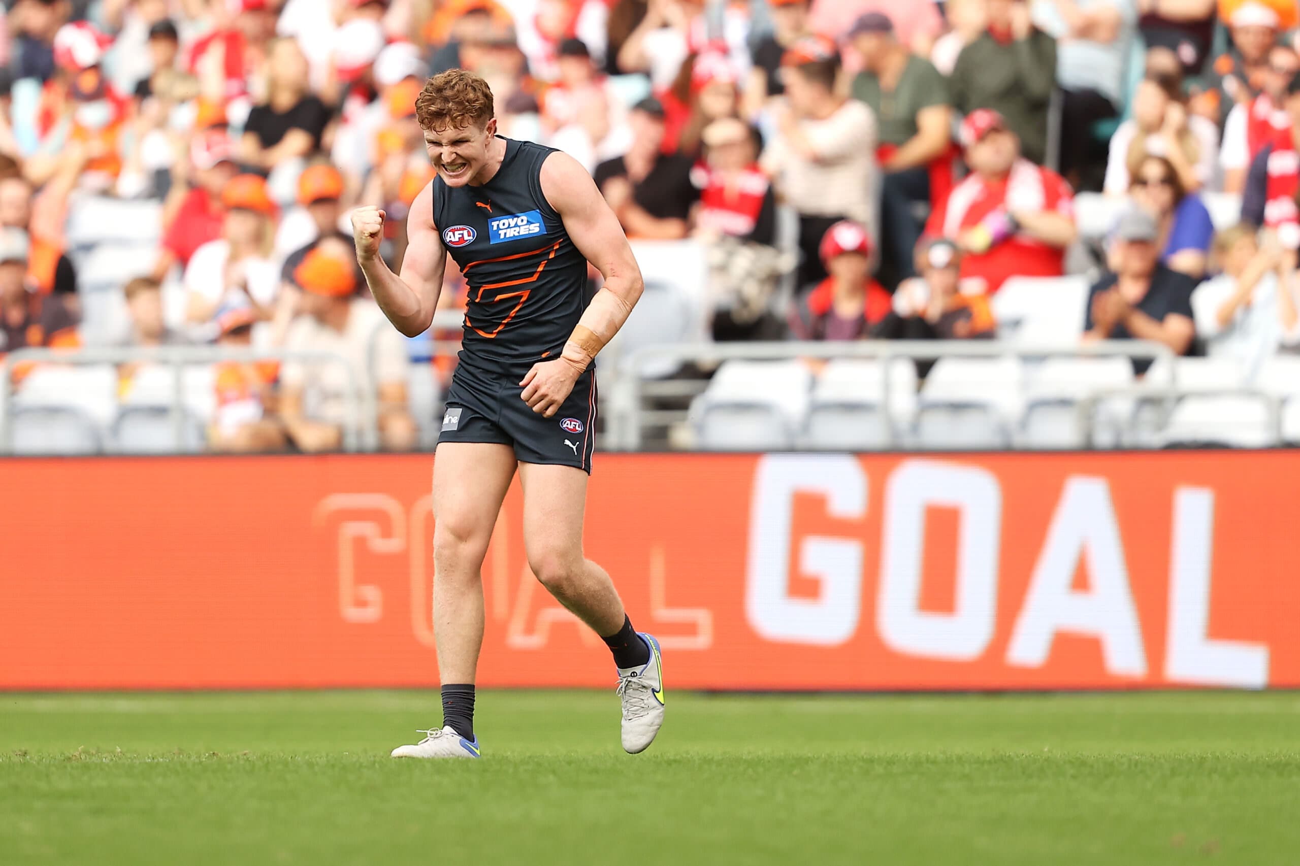 Sydney, Australia. 04th June, 2023. Toby Bedford of the GWS Giants gets ready to kick the ball during the AFL Round 12 match between the GWS Giants and the Richmond Tigers at