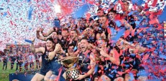 Redlegs players celebrate after winning the SANFL Grand Final match between Norwood and North Adelaide at Adelaide Oval, Sunday, September 18, 2022. (SANFL Image/Scott Starkey)