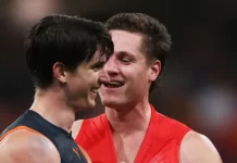 Sam Taylor and Hayden McLean during the match between Greater Western Sydney and Sydney at Giants Stadium in round 21, 2023. Picture: AFL Photos