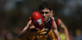 MELBOURNE, AUSTRALIA - SEPTEMBER 03: Noah Hibbins-Hargreaves of the Stingrays in action during the Coates Talent League Boys Wildcard Round match between Gippsland Power and Dandenong Stingrays at La Trobe University Sports Fields on September 03, 2023 in Melbourne, Australia. (Photo by Daniel Pockett/AFL Photos/via Getty Images)
