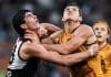 ADELAIDE, AUSTRALIA - MAY 19:  Dante Visentini of the Power  rucks against   Lloyd Meek of the Hawks  during the round 10 AFL match between Yartapuulti (the Port Adelaide Power) and Hawthorn Hawks at Adelaide Oval, on May 19, 2024, in Adelaide, Australia. (Photo by Mark Brake/Getty Images)