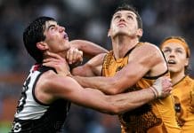 ADELAIDE, AUSTRALIA - MAY 19:  Dante Visentini of the Power  rucks against   Lloyd Meek of the Hawks  during the round 10 AFL match between Yartapuulti (the Port Adelaide Power) and Hawthorn Hawks at Adelaide Oval, on May 19, 2024, in Adelaide, Australia. (Photo by Mark Brake/Getty Images)