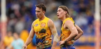 PERTH, AUSTRALIA - JULY 14: Brady Hough and Harley Reid of the Eagles look on during the round 18 AFL match between West Coast Eagles and Brisbane Lions at Optus Stadium, on July 14, 2024, in Perth, Australia. (Photo by Paul Kane/Getty Images)