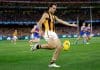 MELBOURNE, AUSTRALIA - SEPTEMBER 06: Finn Maginness of the Hawks kicks the ball during the 2024 AFL Second Elimination Final match between the Western Bulldogs and the Hawthorn Hawks at The Melbourne Cricket Ground on September 06, 2024 in Melbourne, Australia. (Photo by Michael Willson/AFL Photos via Getty Images)