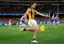 MELBOURNE, AUSTRALIA - SEPTEMBER 06: Finn Maginness of the Hawks kicks the ball during the 2024 AFL Second Elimination Final match between the Western Bulldogs and the Hawthorn Hawks at The Melbourne Cricket Ground on September 06, 2024 in Melbourne, Australia. (Photo by Michael Willson/AFL Photos via Getty Images)