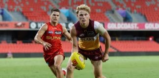 GOLD COAST, AUSTRALIA - FEBRUARY 20: Levi Ashcroft of the Lions in action during the 2025 AFL Match Simulation between Brisbane Lions and the Gold Coast Suns at People First Stadium on February 20, 2025 in the Gold Coast, Australia. (Photo by Russell Freeman/AFL Photos via Getty Images)