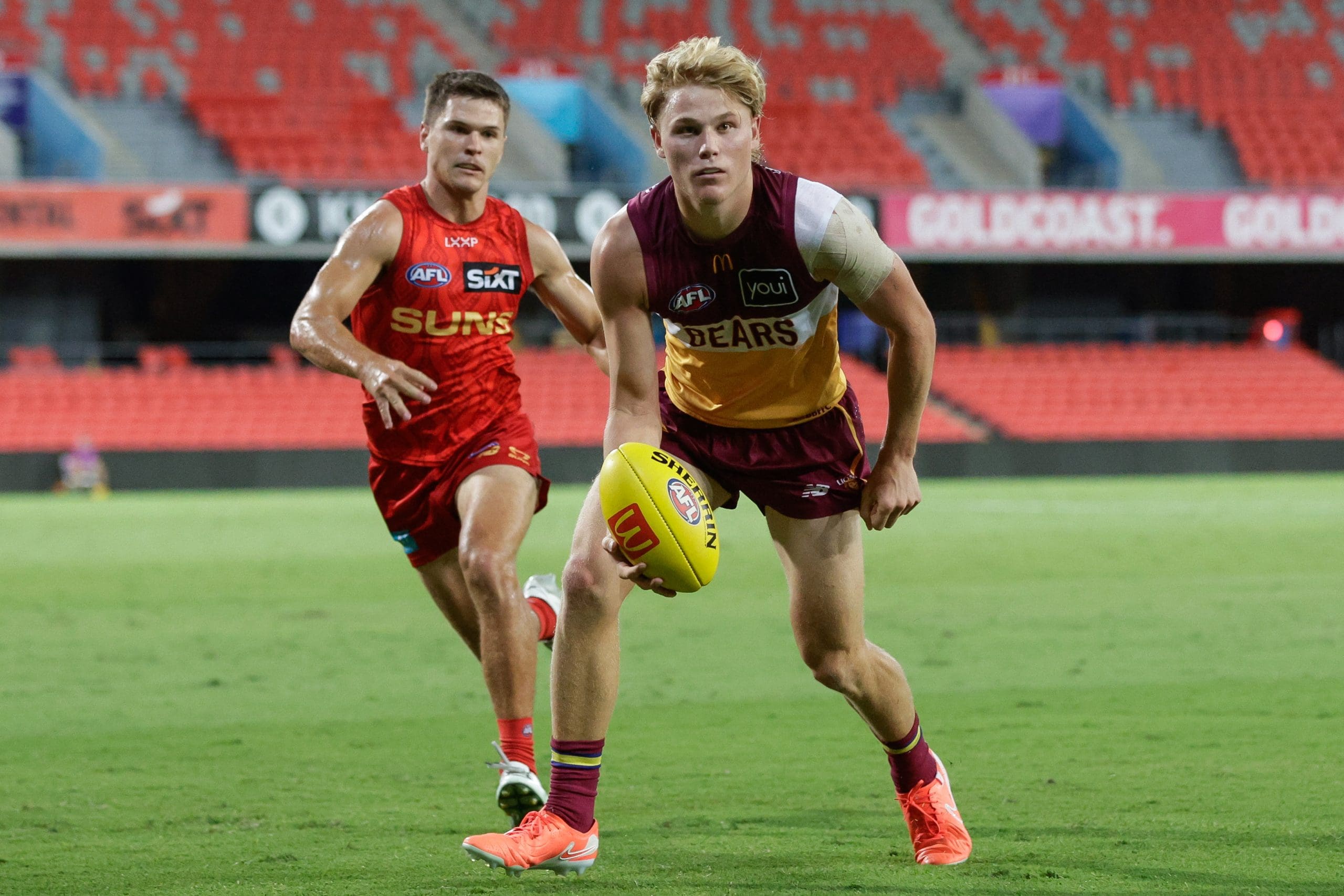 GOLD COAST, AUSTRALIA - FEBRUARY 20: Levi Ashcroft of the Lions in action during the 2025 AFL Match Simulation between Brisbane Lions and the Gold Coast Suns at People First Stadium on February 20, 2025 in the Gold Coast, Australia. (Photo by Russell Freeman/AFL Photos via Getty Images)