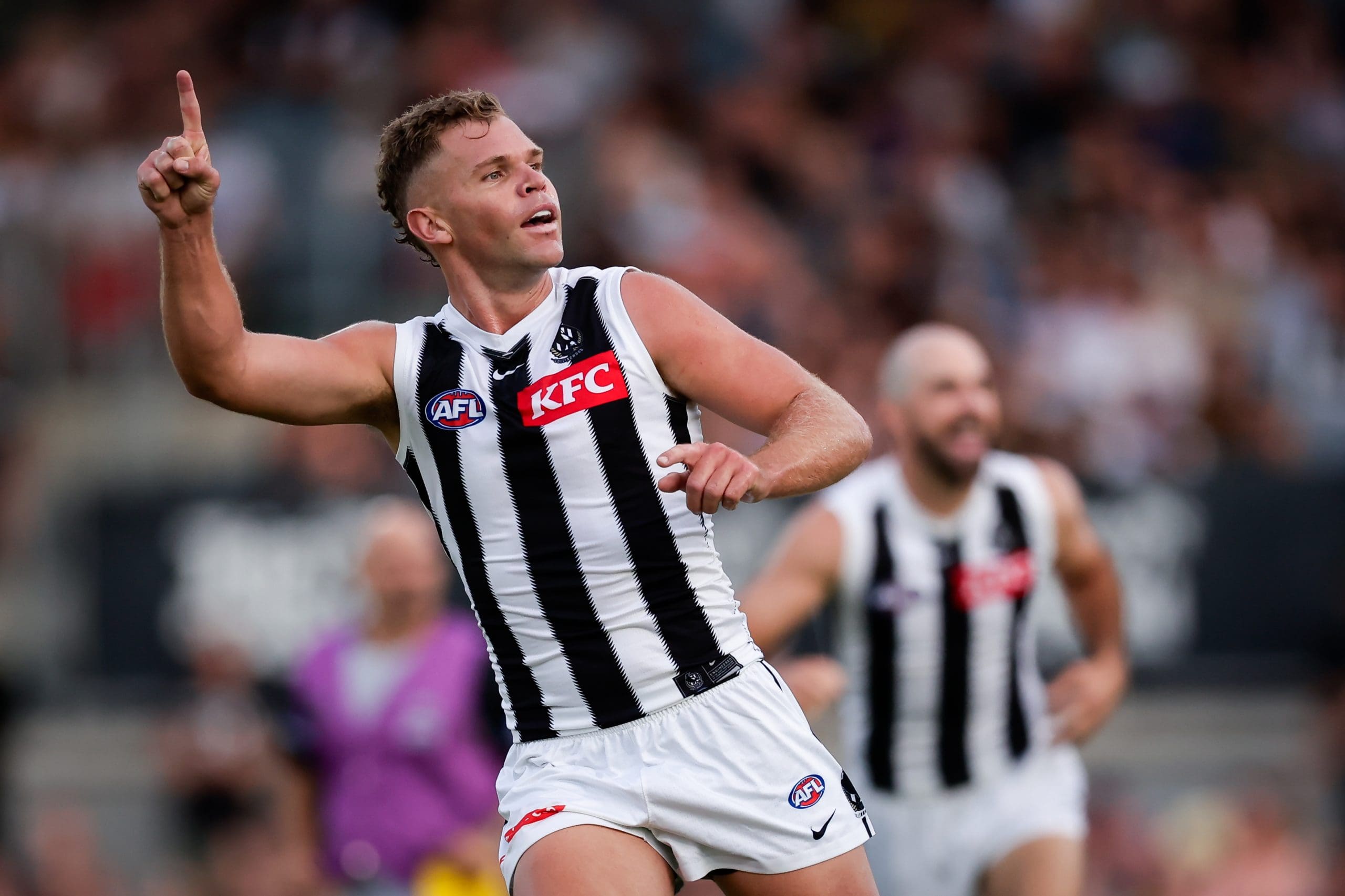 MELBOURNE, AUSTRALIA - FEBRUARY 26: Dan Houston of the Magpies celebrates a goal during the 2025 AFL AAMI Community Series match between the Richmond Tigers and the Collingwood Magpies at Ikon Park on February 26, 2025 in Melbourne, Australia. (Photo by Dylan Burns/AFL Photos via Getty Images)