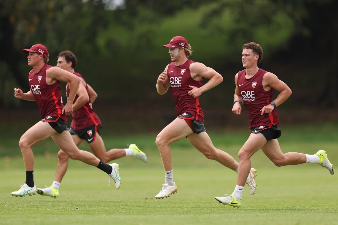 December 03: Callum Mills of the Swans runs during a Sydney Swans training Session at Bat and Ball Oval. Photo: Mark Metcalfe/Getty Images