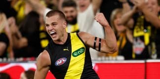 MELBOURNE, AUSTRALIA - MARCH 13: Debutant, Sam Lalor of the Tigers celebrates his first league goal during the 2025 AFL Round 01 match between the Richmond Tigers and the Carlton Blues at the Melbourne Cricket Ground on March 13, 2025 in Melbourne, Australia. (Photo by Michael Willson/AFL Photos)