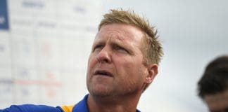 MELBOURNE, AUSTRALIA - APRIL 07: Seagulls head coach, Justin Plapp speaks to players during the round three VFL match between Williamstown and Port Melbourne at DSV Stadium on April 07, 2023 in Melbourne, Australia. (Photo by Morgan Hancock/AFL Photos/via Getty Images)