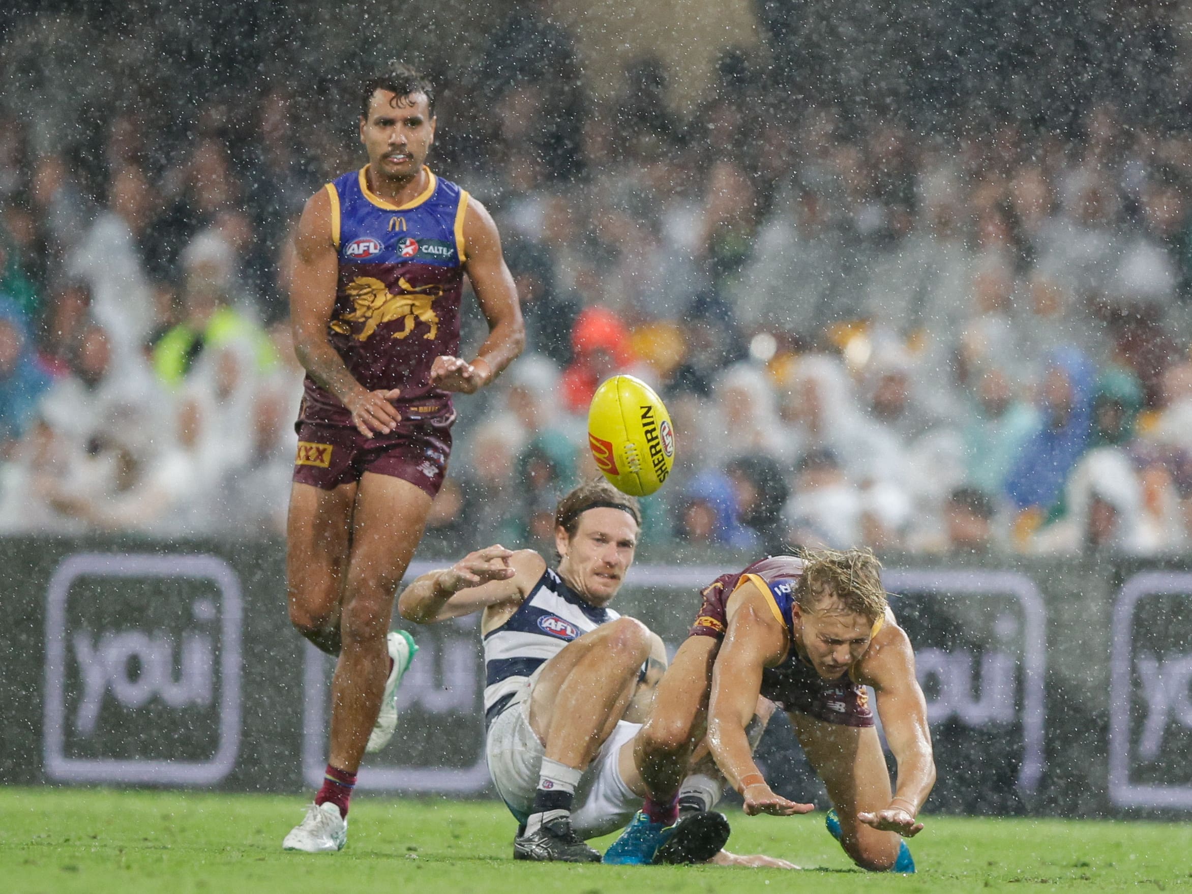 BRISBANE, AUSTRALIA - APRIL 20: Tom Stewart of the Cats and Kai Lohmann of the Lions in action during the 2024 AFL Round 06 match between the Brisbane Lions and the Geelong Cats at The Gabba on April 20, 2024 in BRISBANE, Australia. (Photo by Russell Freeman/AFL Photos via Getty Images)