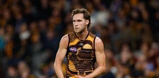 MELBOURNE, AUSTRALIA - MAY 26: Jack Scrimshaw of the Hawks looks on during the 2024 AFL Round 11 match between the Hawthorn Hawks and the Brisbane Lions at Marvel Stadium on May 26, 2024 in Melbourne, Australia. (Photo by Dylan Burns/AFL Photos via Getty Images)