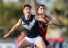 ADELAIDE, AUSTRALIA - June 30: Louis Emmett of Victoria Metro and Charlie West of South Australiaduring the 2024 Marsh AFL Championships U18 Boys match between South Australia and Victoria Metro at Alberton Oval on June 30, 2024 in Adelaide, Australia. (Photo by Sarah Reed/AFL Photos via Getty Images)