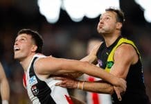 MELBOURNE, AUSTRALIA - AUG 11: Rowan Marshall of the Saints and Toby Nankervis of the Tigers compete in a ruck contest during the 2024 AFL Round 22 match between the Richmond Tigers and the St Kilda Saints at Marvel Stadium on August 11, 2024 in Melbourne, Australia. (Photo by Dylan Burns/AFL Photos via Getty Images)