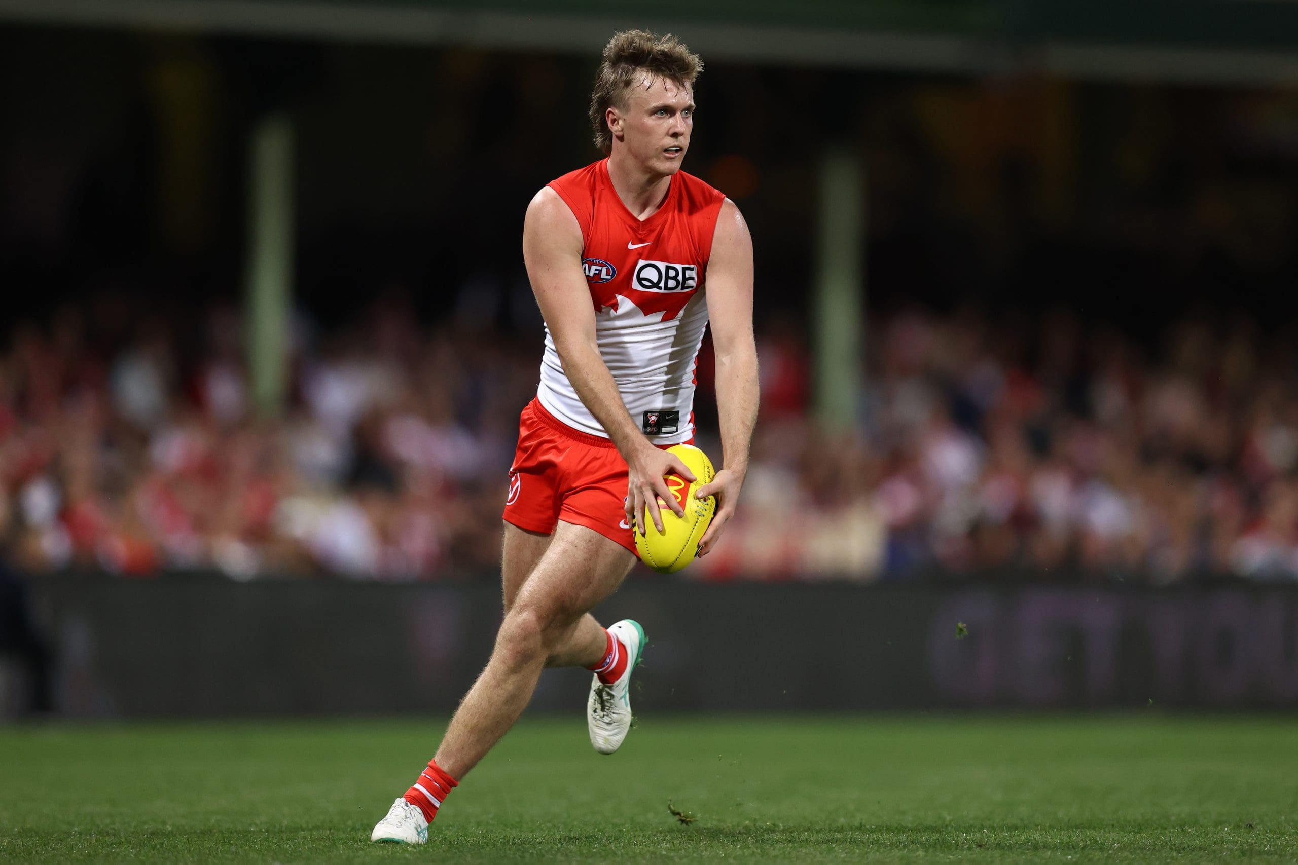 SYDNEY, AUSTRALIA - AUGUST 24: James Jordon of the Swans during the round 24 AFL match between Sydney Swans and Adelaide Crows at Sydney Cricket Ground on August 24, 2024 in Sydney, Australia. (Photo by Jason McCawley/AFL Photos/via Getty Images)