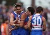BALLARAT, AUSTRALIA - AUGUST 25: Jamarra Ugle-Hagan of the Bulldogs is congratulated by w21during the round 24 AFL match between Western Bulldogs and Greater Western Sydney Giants at Mars Stadium, on August 25, 2024, in Ballarat, Australia. (Photo by Daniel Pockett/Getty Images)