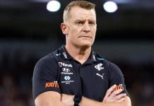 BRISBANE, AUSTRALIA - SEPTEMBER 07: Michael Voss, Senior Coach of the Blues looks on during the 2024 AFL First Elimination Final match between the Brisbane Lions and the Carlton Blues at The Gabba on September 07, 2024 in Brisbane, Australia. (Photo by Michael Willson/AFL Photos via Getty Images)