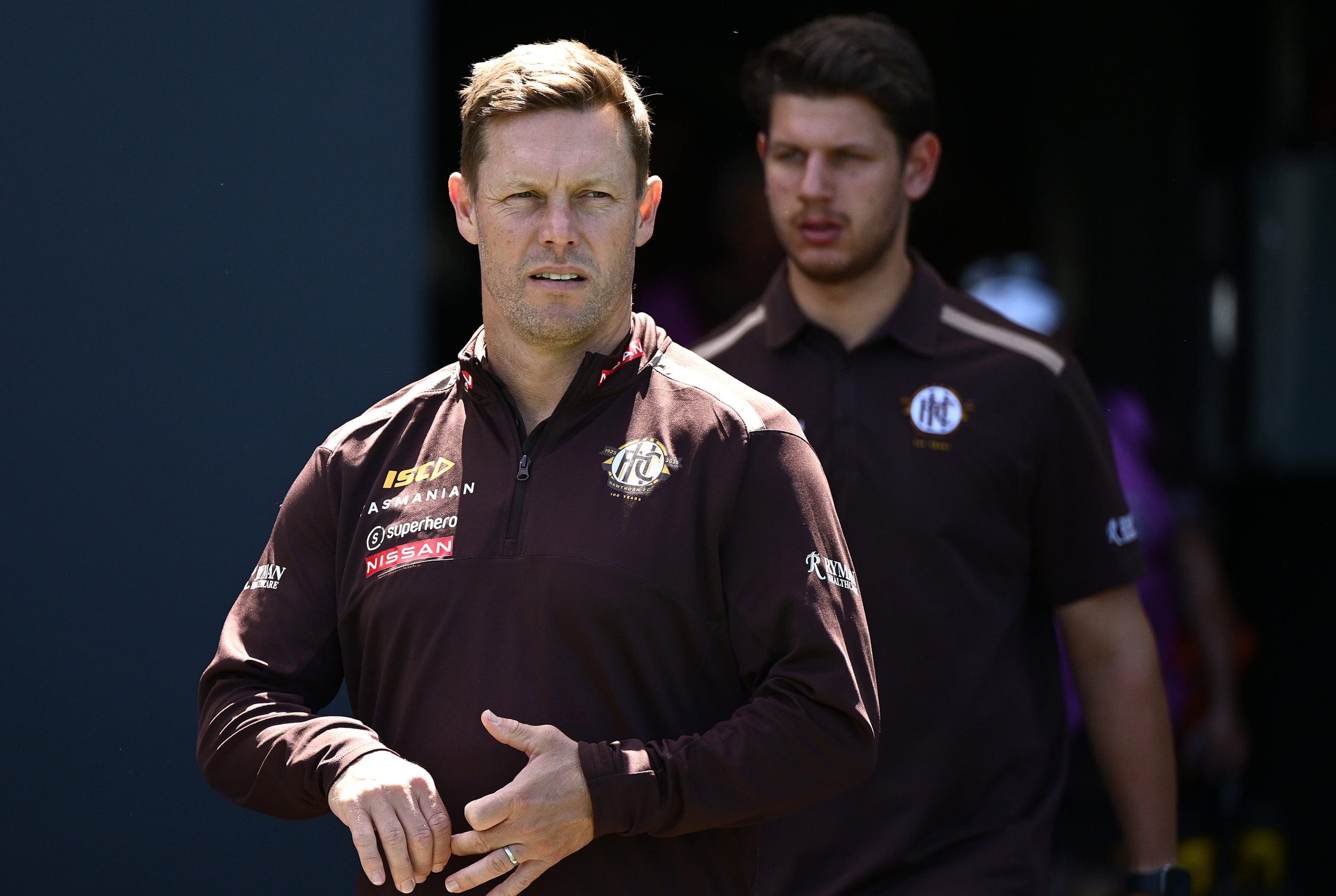 GEELONG, AUSTRALIA - FEBRUARY 17: Sam Mitchell the coach of the Hawks looks o during the AFL practice match between Geelong Cats and Hawthorn Hawks at GMHBA Stadium on February 17, 2025 in Geelong, Australia. (Photo by Quinn Rooney/Getty Images)