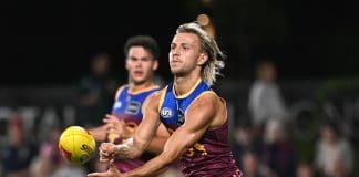 IPSWICH, AUSTRALIA - FEBRUARY 27: Kai Lohmann of the Lions in action during the 2025 AAMI AFL Community Series match between Brisbane Lions and Adelaide Crows at Brighton Homes Arena on February 27, 2025 in Ipswich, Australia. (Photo by Bradley Kanaris/Getty Images)